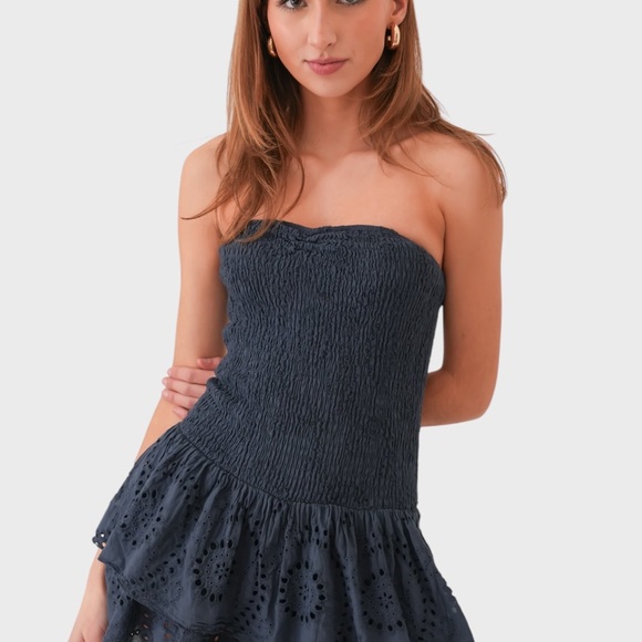BLACK RUCHED EMBROIDERY MINI DRESS - Picture 1 of 5